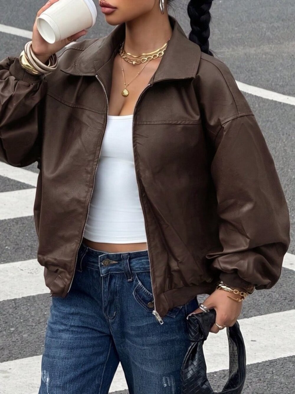 Chocolate Brown Casual Women's Drop Shoulder Zip Up Jacket